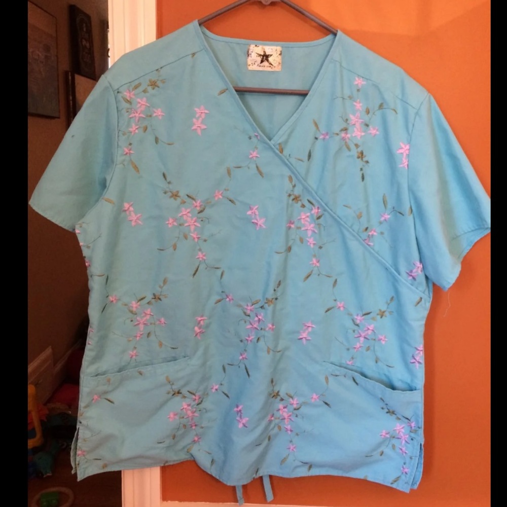 Aqua and Floral Mock Wrap Scrub Top